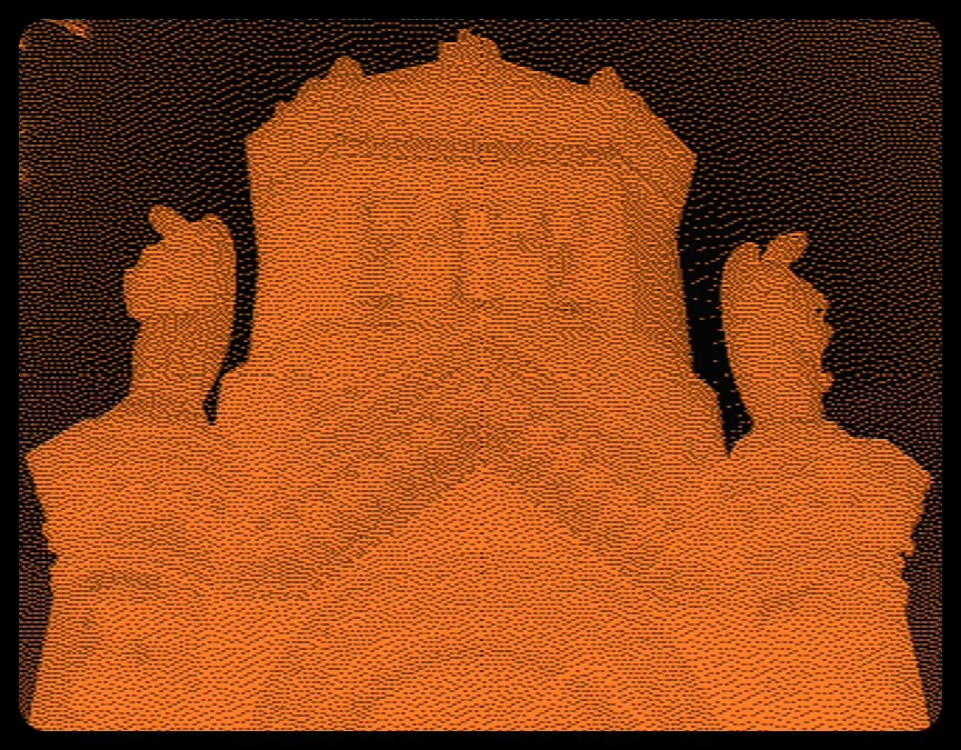 A church facade in orange dots on black